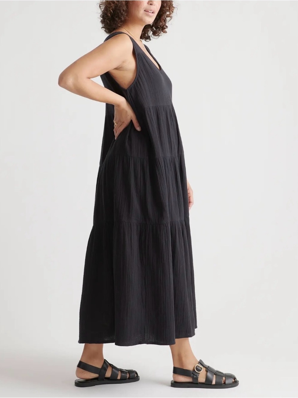Quince Organic Cotton Gauze Tiered Maxi Dress Black Minimalist Sustainability XL